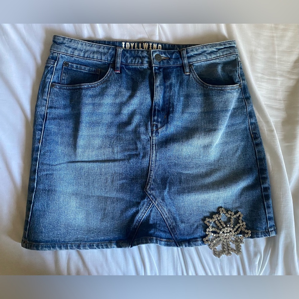 Idyllwind Denim Mini Skirt with Crystal Embellishment - Blue